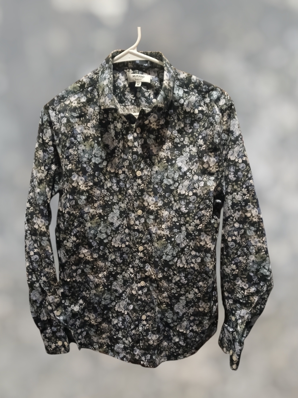 Murano Men's Black Floral Button-Down Shirt with Gray and White Accents